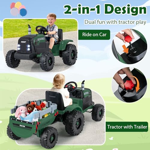 Image of Costzon 24V Ride on Tractor with Detachable Trailer, Kids' Electric Vehicles with 3 Speeds, 15 Climbing, Wireless Design, Horn & Music, Remote Control Tractor Toy for Kids 3+,Gift (24V, Deep Green)