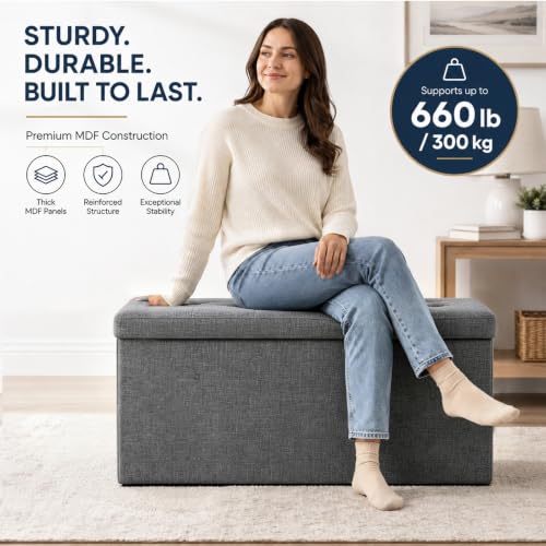 Image of ALASDO 30 Inch Folding Storage Ottoman Bench with Hidden Storage, PU Leather Ottoman Foot Rest Stool, End of Bed Bench for Bedroom, Living Room, Entryway and Closet, Grey