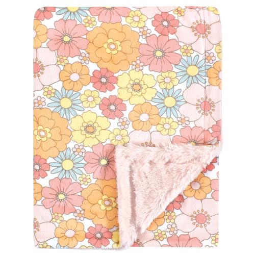 Image of Hudson Baby Unisex Baby Plush Blanket with Furry Binding and Back, Peace Love Flowers, One Size