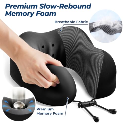 Image of ExploreBliss Travel Pillow, Memory Foam Neck Pillow Airplane, Black | Travel Pillows for Airplanes, Neck Pillow Airplane, Memory Foam Neck Pillow Set with Eye Mask, Earplugs