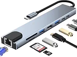 Adaptador Hub USB-C 8 em 1 – HDMI 4K, VGA, RJ45 Ethernet, PD 100W, 2 USB 3.0, Leitor SD/TF – Dock Multiportas para MacBook, Windows, Chromebook, Notebook, Tablet e Celular