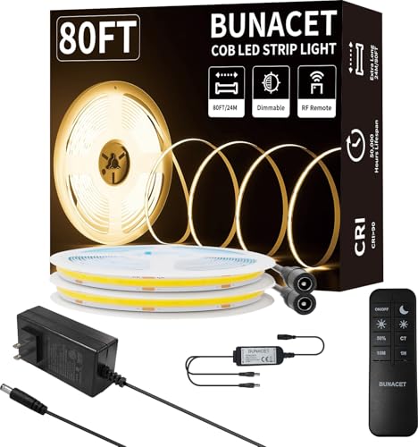 Image of 80FT /24m COB LED Strip Light (2 Rolls of 40ft) Warm White Dimmable 3000K High Lumen CRI 90+ with 24V6A Power Adapter RF Remote LED Lights for Bedroom Counter Under Cabinet Kitchen Projects