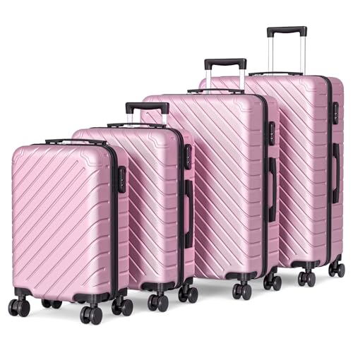 Apelila 4 Piece Hardshell Luggage Sets,Travel Suitcase,Carry On Luggage with Spinner Wheels Free Cover&Hanger Inside4PC (Light Pink line)