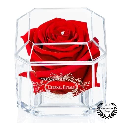 Eternal Petals A 100% Real Rose That Lasts A Year - The Perfect Unique Gift for Women and Men, an, A Birthday Gift - White Gold Solo with Swarovski Crystal (Red)