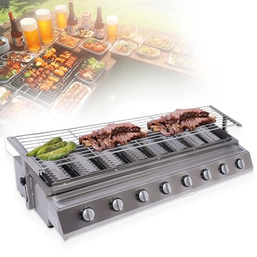 MINHUIJIHUI Barbacoa Gas Parrilla Propano 4/8 Quemadores Individuales, Rejilla Desmontable con Altura Regulable, Bandeja Grasa Deslizable, Uso Exterior Sin Humo,para Terraza Camping