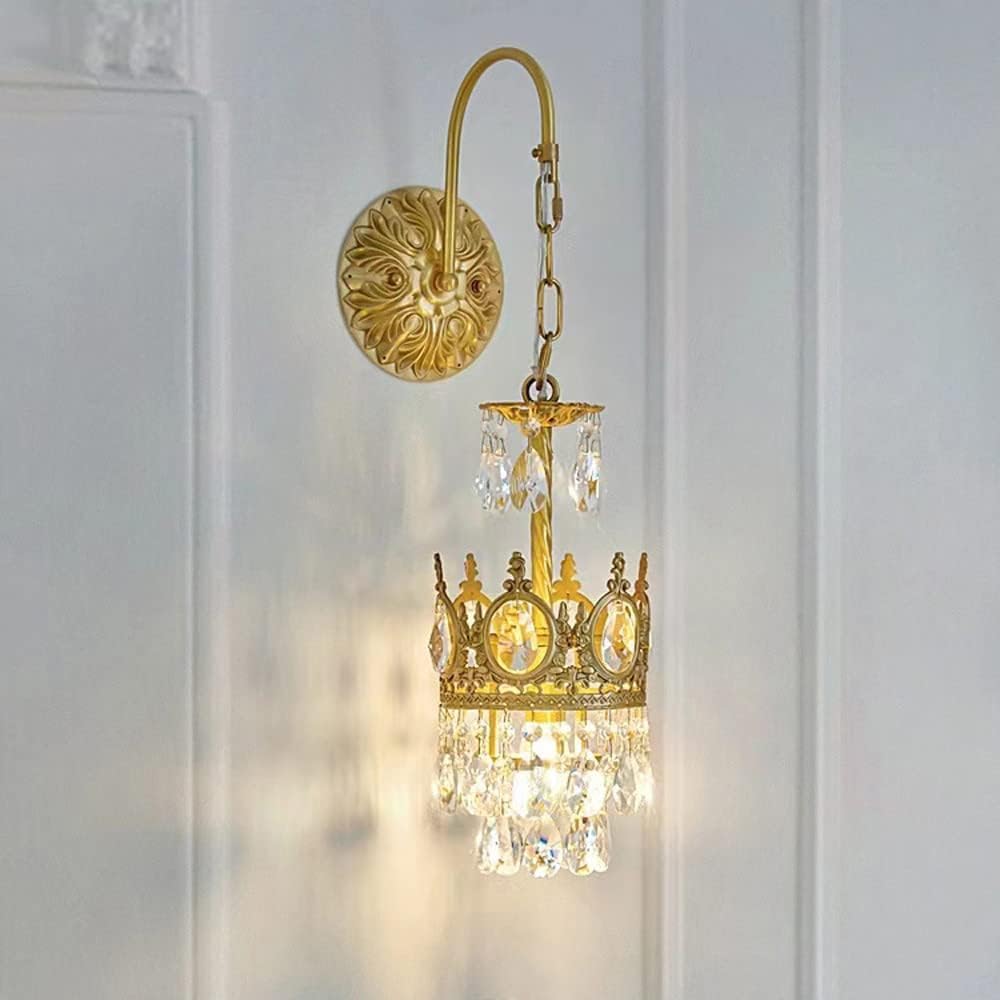VGTLAKEX Wall Light Vintage Crystal Gold Metal Sconce Indoor Bedroom Bedside Lamp E14 Hardwired Living Hanging for Bar Cafe Hallway Lighting