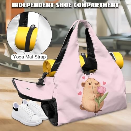 Capybara Gym Bag with Yoga Mat Holder and Shoe Compartment, Extra Large Pink Overnight Bag with Wet Pocket, Adjustable Shoulder Strap Fitness Sport Tote Bag3