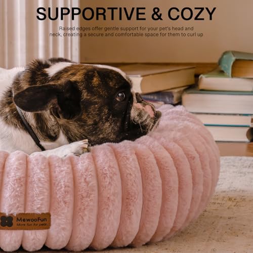 MEWOOFUN Hunde-Donut-Betten für kleine Hunde, beruhigendes Hundebett, rundes süßes Welpenbett mit Rutschfester Unterseite, Flauschiges (Rosa, 64x64x18cm)