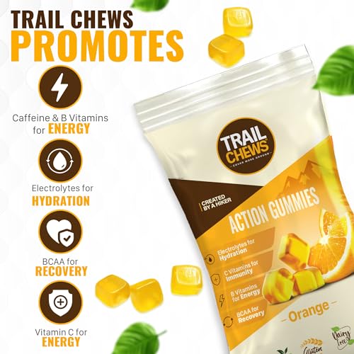 Image of Trail Chews - Orange Flavor - 4-in-1 Energy Gummies for Energy, Hydration, Immunity, and Recovery. 50mg Yerba Mate Caffeine, 403mg Essential Vitamins, and 1000mg BCAAs per Serving. Plant-Based & Gluten-Free. 12 Single-Serving Bags, 10 Gummies Each.