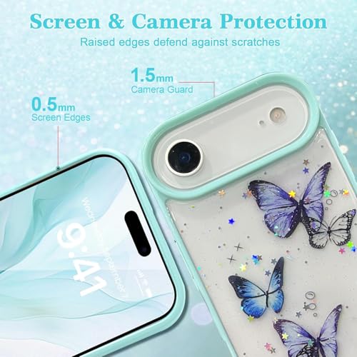 Image of VONZEE Glitter Butterfly Back Cover Case Compatible with iPhone 17 Air, Clear Cute Bling Sparkle Shiny Soft TPU Bumper Shockproof Women Girls Slim Protective for iPhone 17 Air|6.6 inch|Mint Green