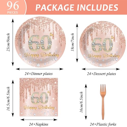 Image of ZOIIWA 96 Pieces 60th Birthday Party Tableware Set for Pink Rose Gold 60th Paper Table Decorations Supplies Pink Rose Gold Happy 60 Birthday Dessert Plates Napkins Forks for 24 Guests Women Supplies