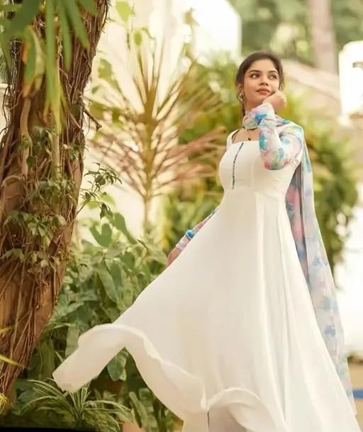 Image of Anveri Textiles Women's Elegant White Anarkali Dress with Floral Printed Dupatta | Long Flared Ethnic Gown | Party Kurti Set