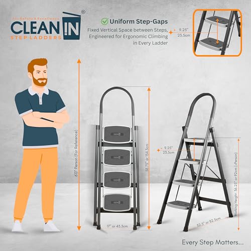 Image of CLEAN IN 4 Step Premium Foldable Household Steel Ladder ~ for Home, Garage, Kitchen. Wide & Anti-Skid Steps, 150 kg Load Capacity, Reinforced Hinges ~ (Shades of Grey)