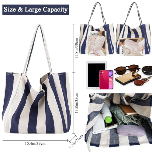 Image of Striped Canvas Tote Handbag for Women Vertical Stripe Large Capacity Shoulder Bag for Shopping Travel