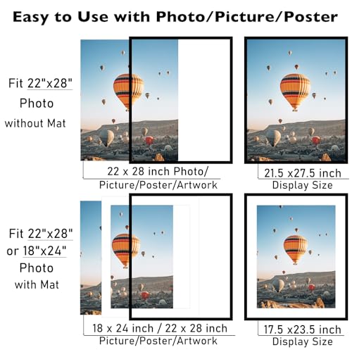 Image of JCJMY 22x28 Picture Frame with 18x24 Mat, Display Photo 18x24 with Mat or 22 x 28 Without Mat, Wall Hanging Large 22 by 28 Poster Frame with Plexiglass, Black