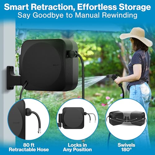 Image of Aquor Retractable Garden Hose Reel, 80ft x 5 /8 inch Retractable Water Hose Reel, Automatic Rewind with Wall Mount, 180 Swivel, Heavy-Duty UV-Resistant Casing (Charcoal)