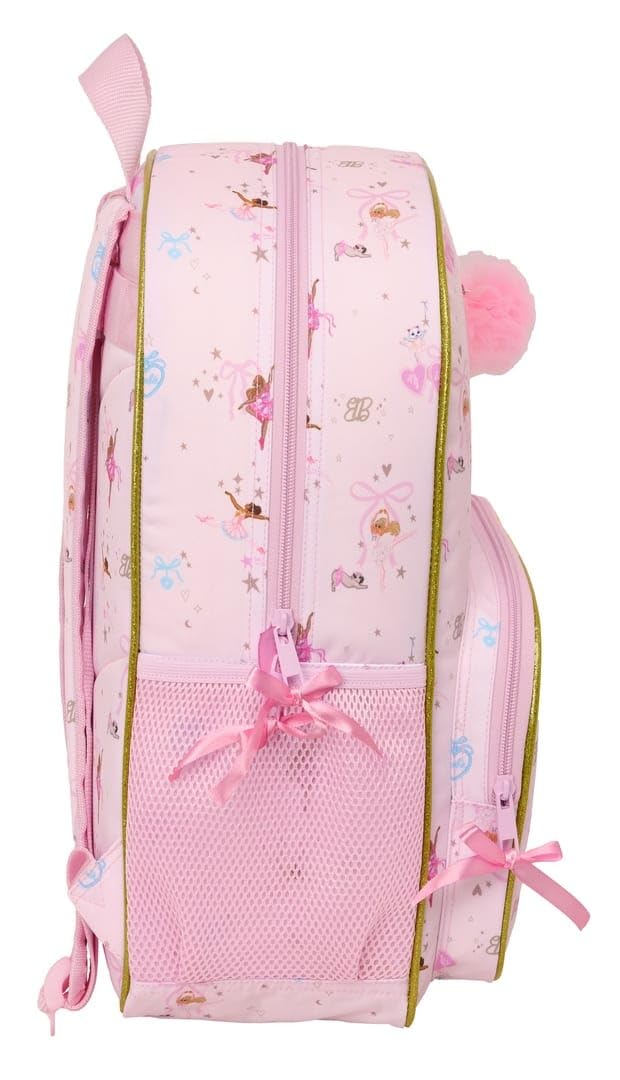 Safta | Mochila Escolar Barbie Ballet Adaptable a Carro (Sin Carro), Ergonómica y Acolchada, Doble Tirador en Cremallera, Bolsillo Frontal Grande y Laterales Portabotellas, Rosa, Medidas 33x14x42 cm
