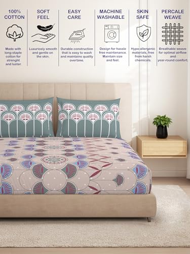 Image of Spaces Welspun Ease 120 TC 100% Cotton Ornate Print Double Bedsheet with 2 Pillow Covers - Soft Feel, Skin Friendly & Easy Care - 224X254 Cm - Blush