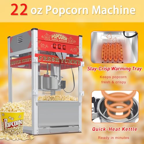 Image of Commercial Popcorn Machine with Cart & Wheels 丨 Popcorn Maker with 22OZ Stainless Steel Kettle丨 Pop corn Machine Maker for Home, Theater, Parties, Red