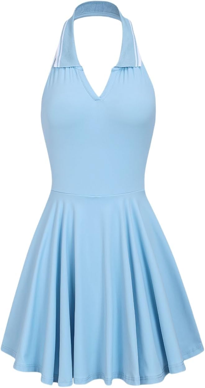 Womens Collar Backless Tennis Dress Sleeveless Outfit with Built in Shorts Golf Athletic Dress