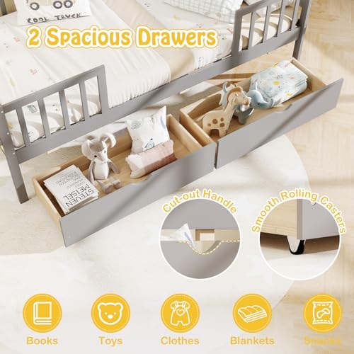 Image of KOMFOTT Wood Twin Bed Frame with Fence Rails & 2 Pull-Out Drawers, Kids Twin Bed Frame with Side Shelf, No Box Spring Needed Solid Wood Slats Supported Daybed for Children & Teens (Grey)