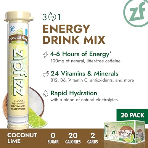 Image of Zipfizz Daily Energy Drink Powder, Coconut Lime, 20 pack | 3-in-1 sustained energy, rapid hydration | sugar-free | electrolyte powder | contains vitamin B-12 & antioxidants