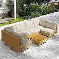 Outsunny 7 Piece Wicker Patio Furniture Set, Modular Outdoor Sectional with Thickened Cushions, Rattan Outdoor Furniture Conversation Set with Slatted Acacia Wood Table for Backyard, Khaki/Beige