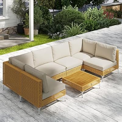 Outsunny 7 Piece Wicker Patio Furniture Set, Modular Outdoor Sectional with Thickened Cushions, Rattan Outdoor Furniture Conversation Set with Slatted Acacia Wood Table for Backyard, Khaki/Beige