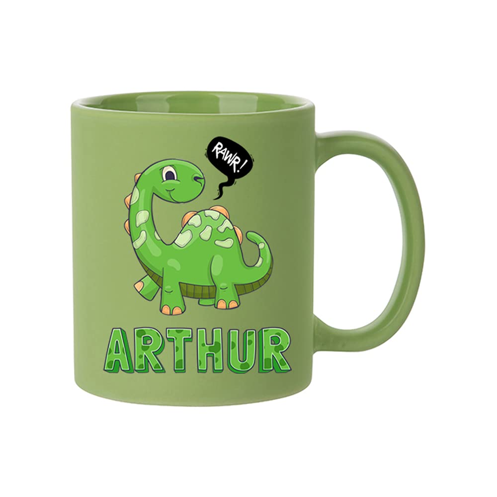 Getagift Personalised with Any Name Dinosaur Rawr, Gift for Boy/Girl, Kids, Children, Birthday, Back to School Present Novelty Mug, Unique Ceramic Full Coloured Frosted Mug. (Light Green)