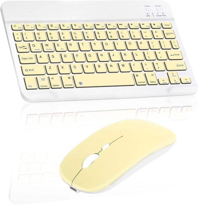 Astrill Wireless Keyboard, Rechargeable10 Ultra Slim Universal Tablet Keyboard with Wireless Mouse, Wireless Bluetooth Keyboard for iOS/Android/Windows, Laptops, PC, Phones (Yellow, Standard)