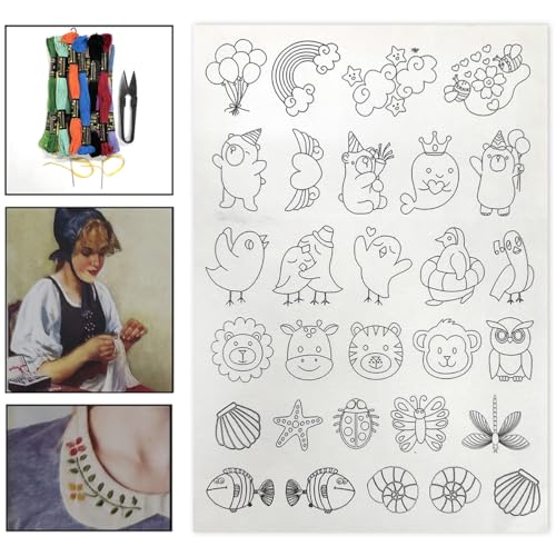 Image of Embroiderymaterial Stick and Stitch Embroidery Patches Patterns, Water Soluble Wash Away Embroidery Transfer Stabilizer Paper with Pre-Printed Designs, Threads, Needle & Cutter for Sewing