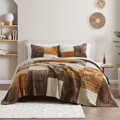 Image of Wonderful 3-Piece Velvet Patchwork Quilt Set, Queen Striped Channel Stitch Brown Quilt,Pet-Friendly,Soft Lightweight Comforter Versatile as Quilt /Bedspread for Adults Teens Kids Bedroom,94 inchx94 inch