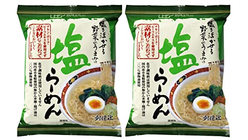 無添加 塩らーめん 102g×2袋★コンパクト★麺は国産小麦の小麦粉を使用、かん水を使用せずコシとツルツルの食感を出しました。揚げ油は100%植物油使用。野菜とホタテの旨みがこだわりの塩味を引き立てます。
