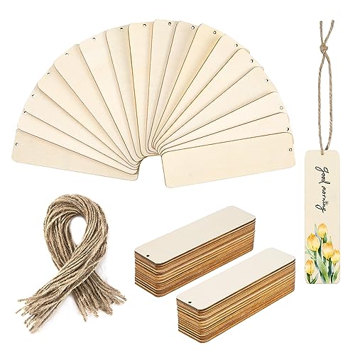 Marcapáginas en Blanco de Madera Marcadores de Libros Artesanales DIY Etiquetas Colgantes Rectangular Sin Acabar con Agujeros y Cuerdas para Decoración de Cumpleaños Bodas Navidad 36 Piezas
