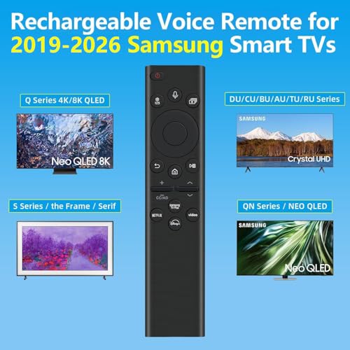 Image of Rechargeable TV Remote for Samsung Smart TVs, Replacement for All 2019-2026 Samsung TV Remote Control with Voice Control. USB-C Fast Charging. Solar Charging. 2-Year Warranty.