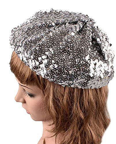 Chezabbey Women Metallic Sparkle Sequins Shimmer Beret Beanie Cap Hat For Dancing Party Fancy Dress Silver #TOP1