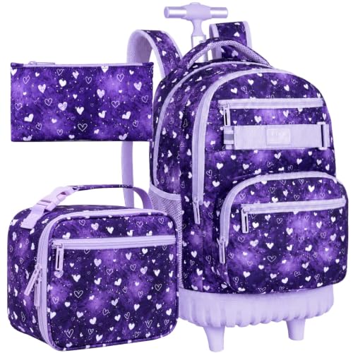 Image of 3Pcs Rolling Backpack for Girls, 19 inch Kids Wheeled Bookbag with Lunch Box, Roller Bag for Elementary Travel (Purple)