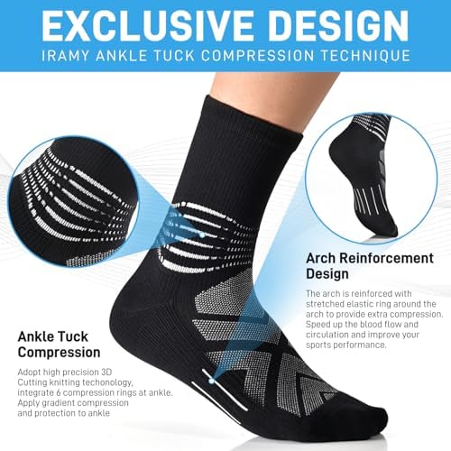 IRAMY Compression Ankle Support Socks Men Women Running Wicking Plantar Fasciitis Relief Hiking Crew Socks 3 Pairs Black L - 1