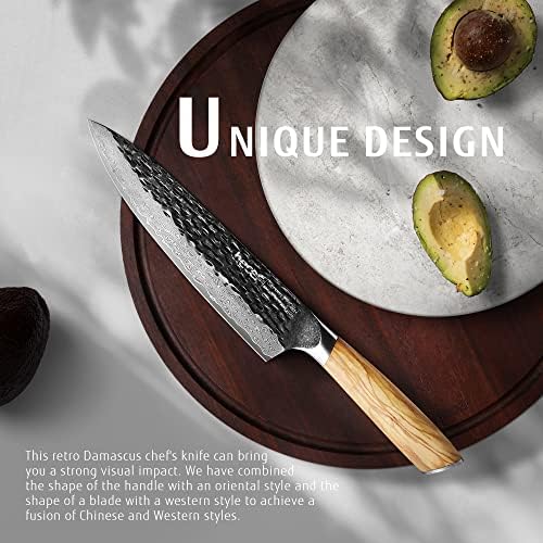 hecef 8 inch Damascus Knife, Professional Chefs Knife with High Carbon Damascus Steel 67 Layers, Ultra Sharp Japanese Knife with Ergonomic Olive Wood Handle