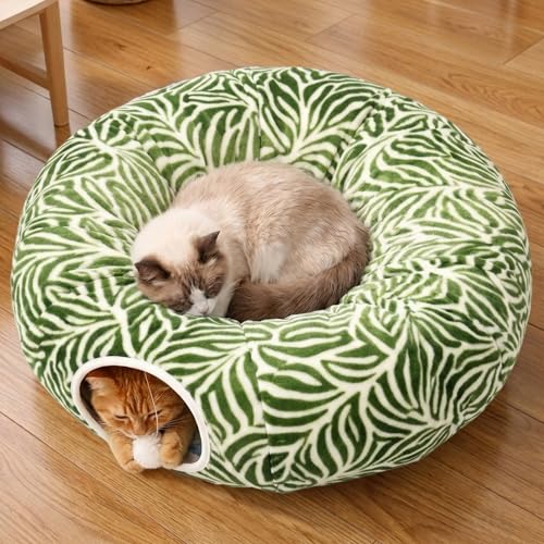Meowfia Indoor Cat Tunnel with Donut Bed - Large Flexible Play Space for Multiple Pets - Circle or Snake Shape Cozy Lounge (Jungle Nest)