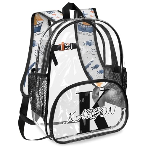 Personalized Large Clear Backpack Stadium Approved Heavy Duty PVC Plastic Custom Beach Coastal Transparent Backpacks See Through Bag with Name, Ocean Theme2