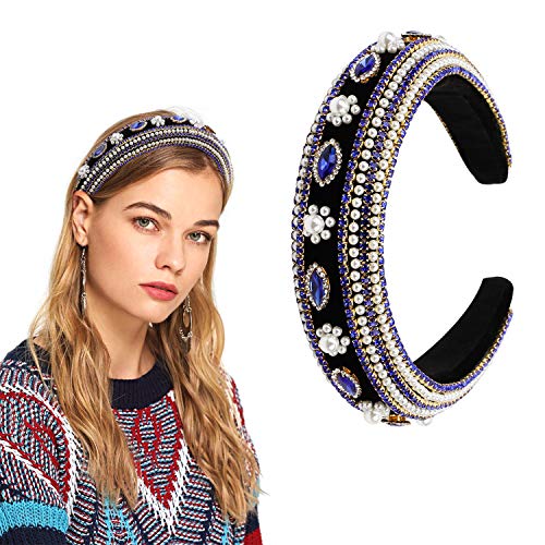 Rhinestone headbands for women Velvet Fashion Padded Wide Crystal Pearl Diamond hairband Suit for Workout,Wedding,Party and Daily Life
