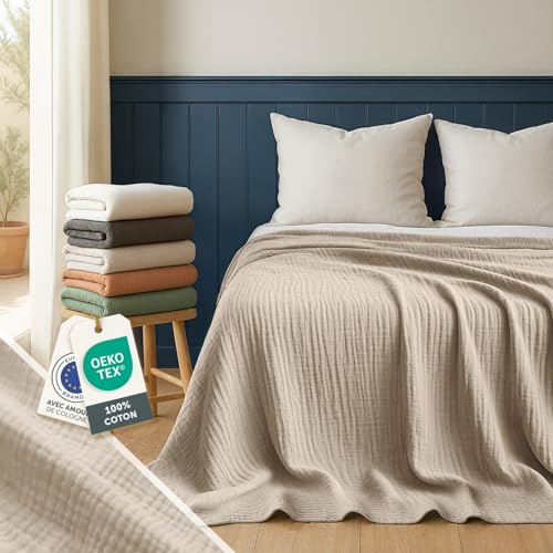 Blumtal Plaid Lit 150x200 cm en Mousseline - Couvre Lit & Canapé Léger en Coton - Couverture Mousseline Adulte - Jeté de Lit Léger Taille 150x200 cm -...