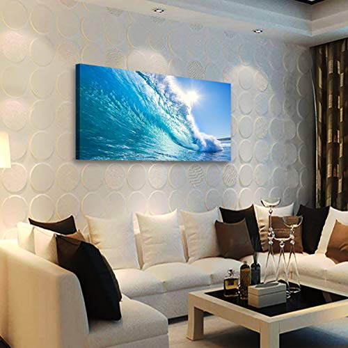 Image of Haichuang Decor Art Framed Ocean Wave Wall Art, 48x24 Inch Large Horizontal Turquoise Sea Canvas Prints, Coastal Beach Nautical Wall Decor for Living Room Bedroom Bathroom Ready to Hang
