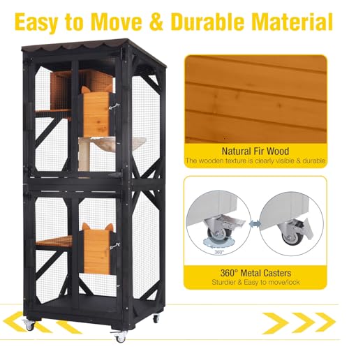 Image of 62.8'' Cat Catio Enclosure, Multi-Level Cat Cage with Jumping Platforms, Sisal Scratching Post & Weatherproof Roof Cover, Solid Fir Wood Cat House for Indoor Outdoor Use, Brown (Fits 2-3 Cats)