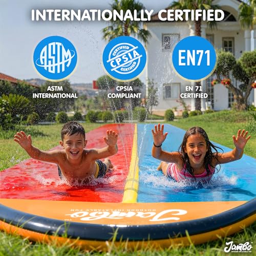 Image of JAMBO Premium 18Ft Budget Slip Splash and Slide, Heavy Duty Water Slide with Advanced Sprinkler System, Backyard Waterslide, Splash Mat, Outdoor Water Toys n Slides for Kids