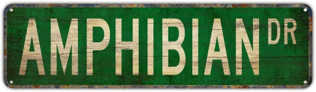 Peiyeety A010 Vintage Metal Tin Sign Amphibian Drive Street Sign, Retro Wall Decor For Home, Bar, Garage, Cafe, Man Cave, Wildlife Room, Reptile Room, Rustic Wall Art For Indoor And Outdoor Decoration, 4X16 Inch