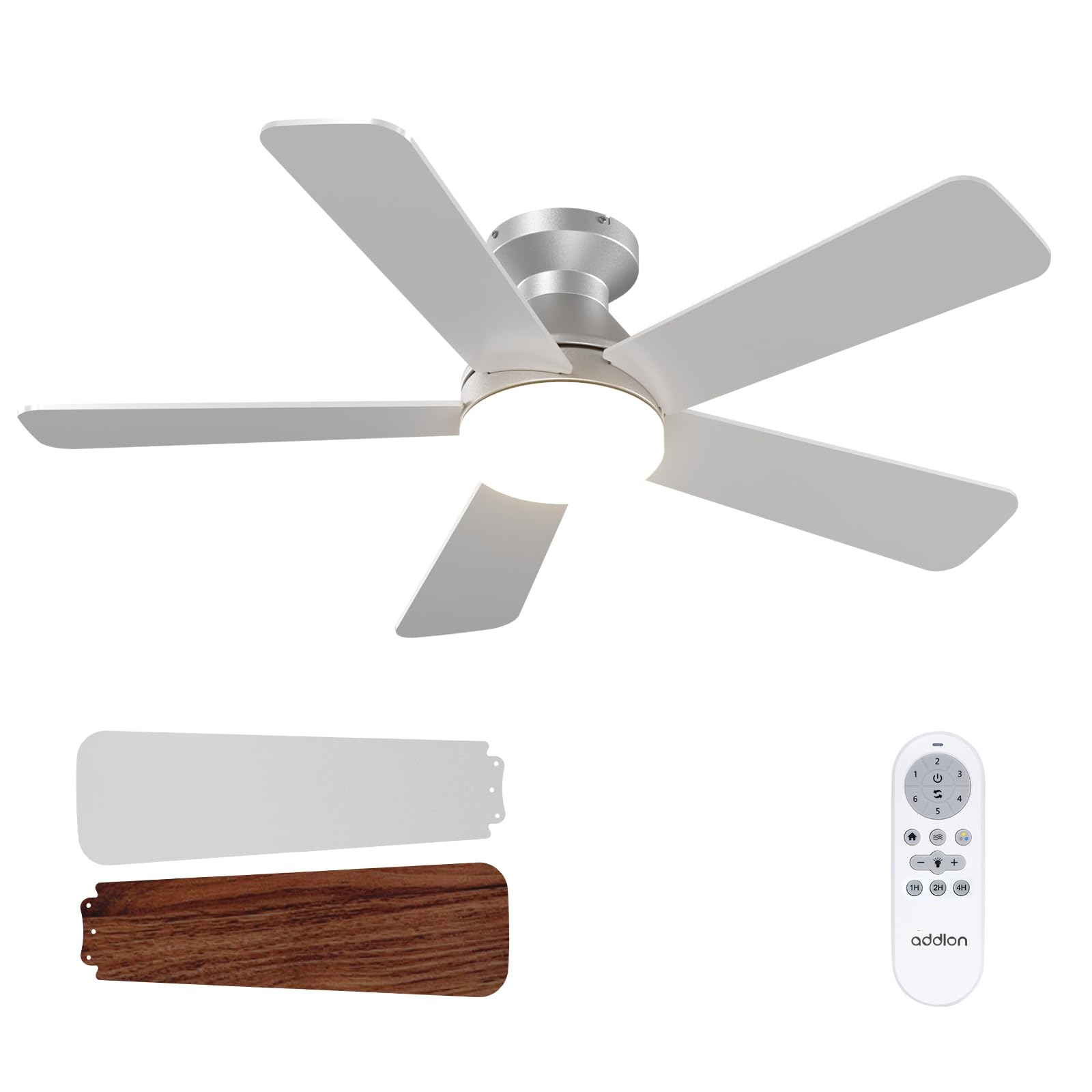 Photo 1 of addlon Ceiling Fans with Lights, 42 Inch Low Profile Ceiling Fan with Light and Remote Control, Flush Mount, Reversible, 3CCT, Dimmable, Quiet, Silver Small Ceiling Fan for Bedroom Indoor/Outdoor Use