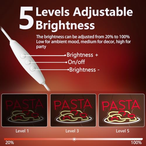 Image of Pasta Neon Signs for Wall Decor Neon Lights for Bedroom Led Business Signs Suitable for Italian Pasta Restaurant Noodle Unique Gift for Lover 5V Power Adapter 16 * 10.6 Inch(Red+White)