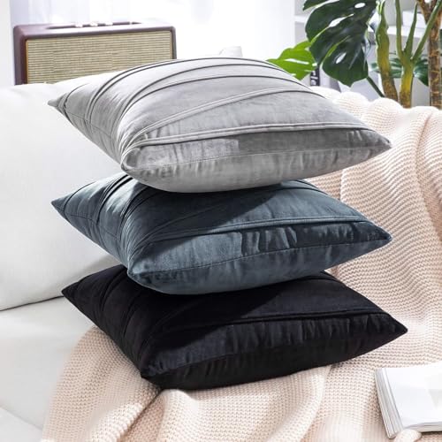 Image of Khooti Velvet Striped Cushion Cover Pack of 1-24x24 Inches / 60.96x60.96 Cm | Dark Grey | Soft Pillow Covers Cushion Case for Sofa Bedroom Livingroom Chair Car, Cushion Cover with Zig Zag Pattern